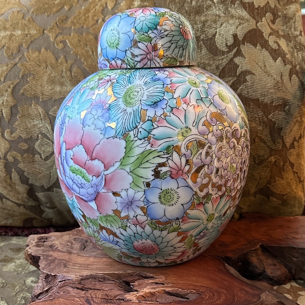 Vintage Floral Hand-Painted Ceramic Ginger Jar